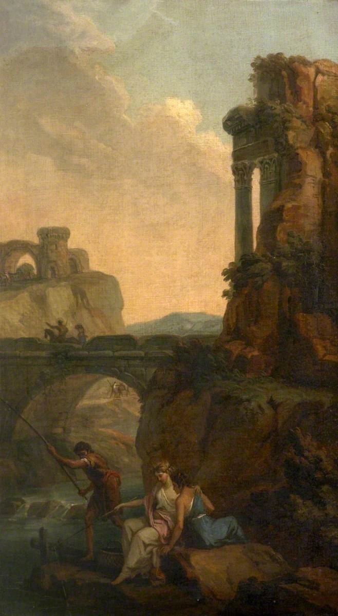 Paesaggio con ponte e ruderi con pesca di contadini - National Trust